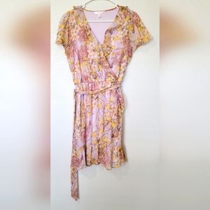 Lauren Conrad  pink and yellow dress with flutter sleeves size small